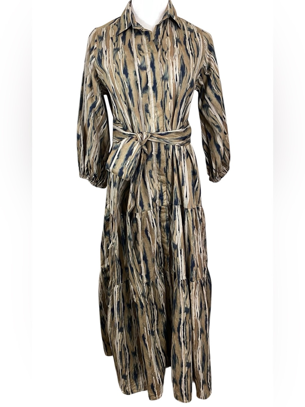Ann Mashburn Womens Maxi Dress Sz Medium Taupe Brown Abstract Brushstroke Tiered